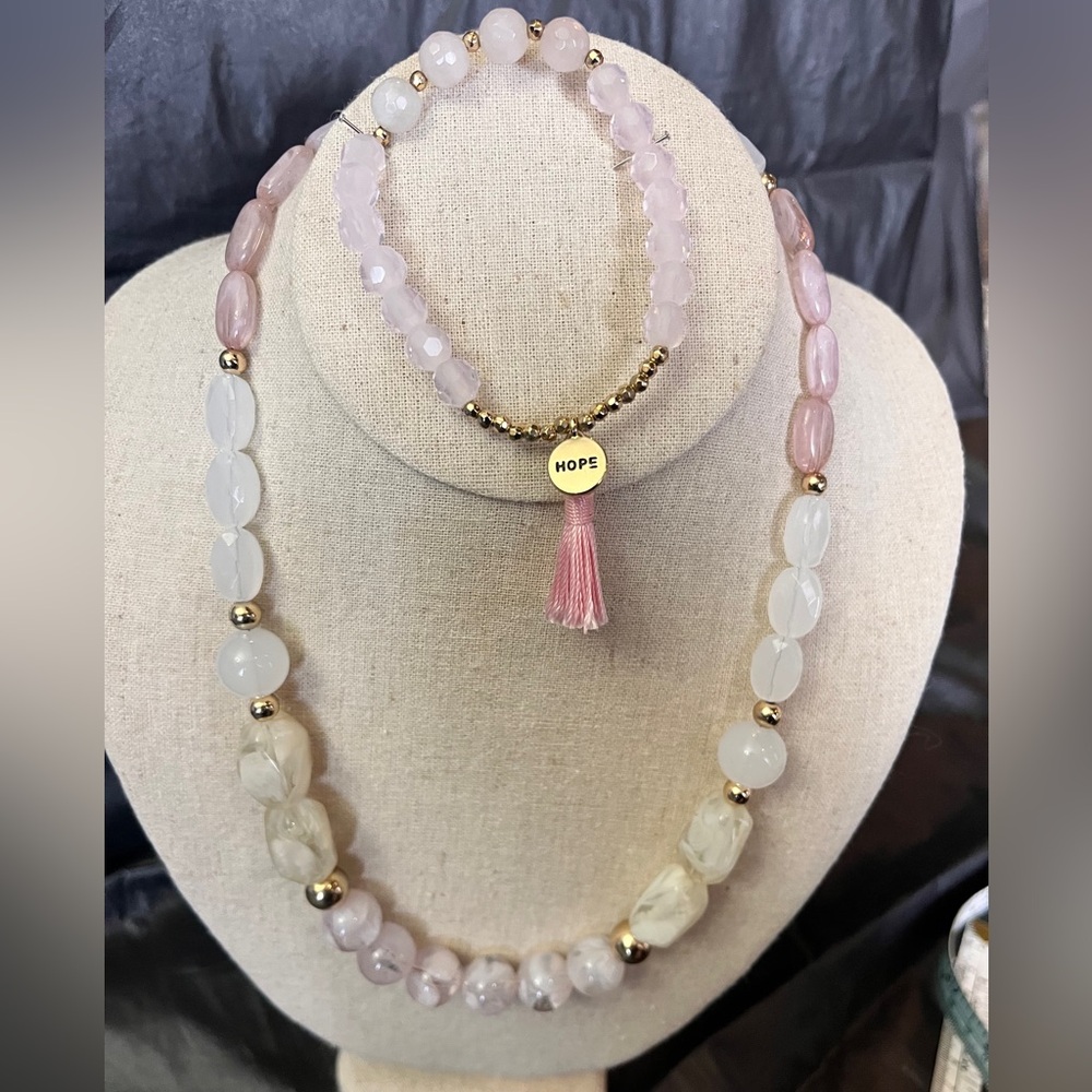 Beaded Necklace
& Gold and Pink Beaded Bracelet with Hope Charm
